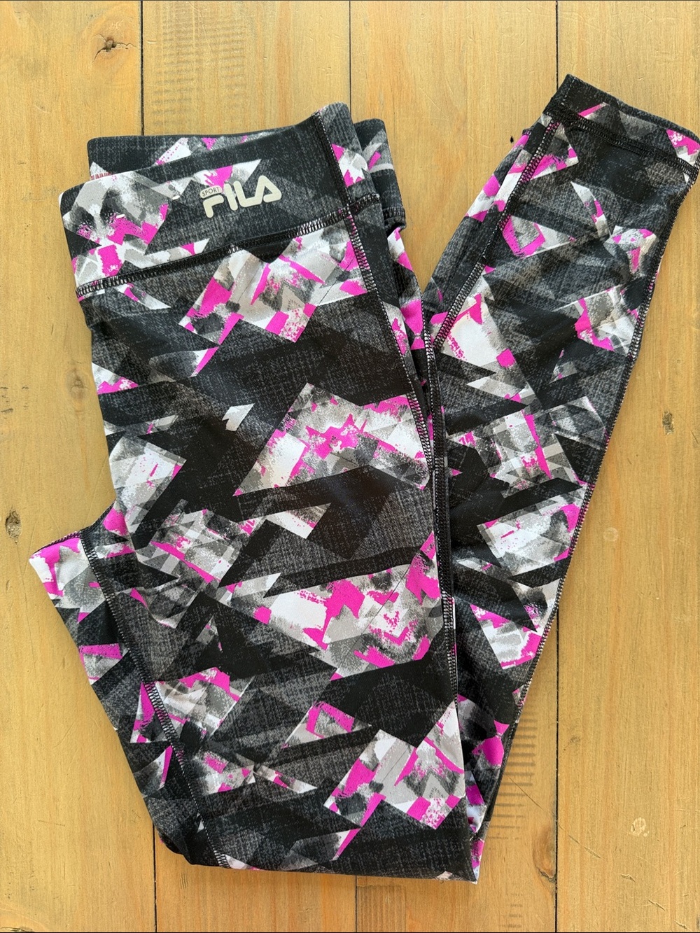 Fila Sport Women’s Black, White & Pink Geometric Print Leggings Running Size XS